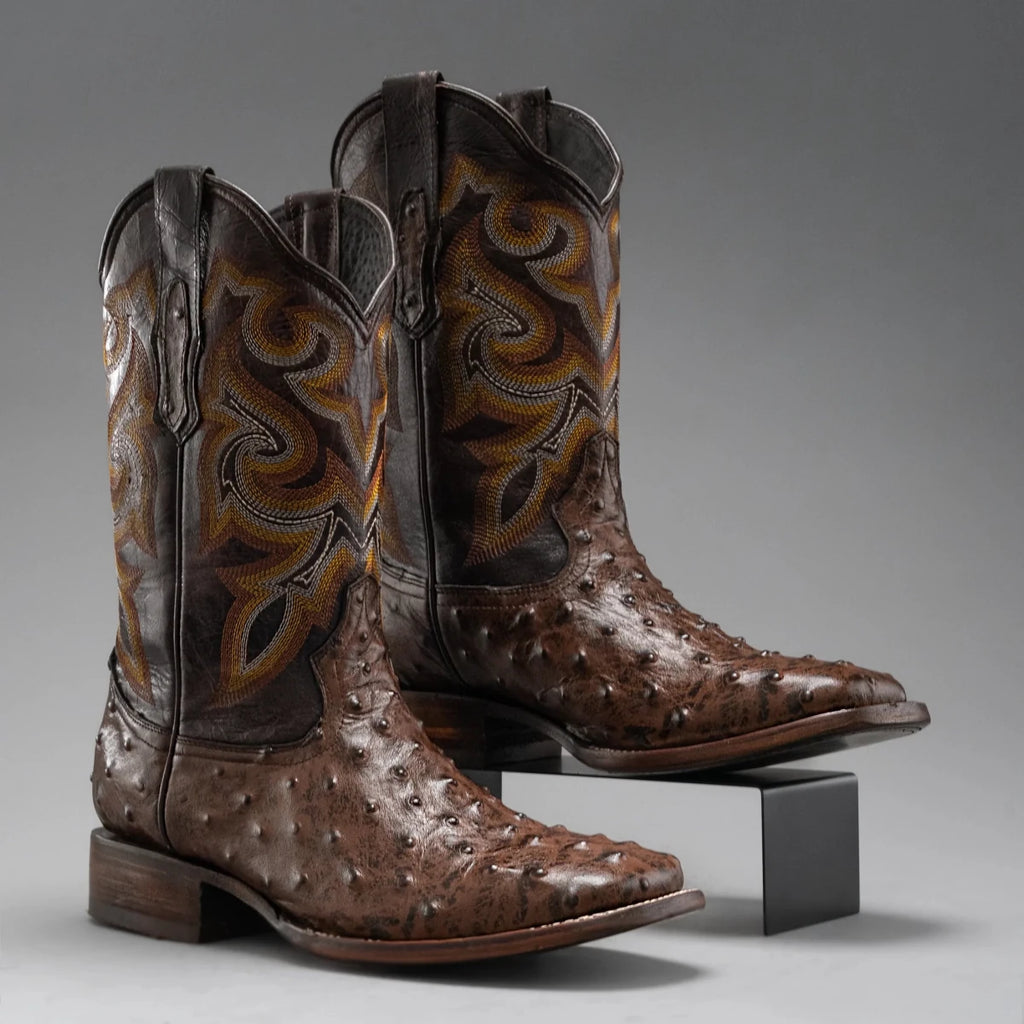 Joe Boots Men”s Ostrich Square Toe Cowboy Boots and Belt Combo–Brown - OriginalWestern.com