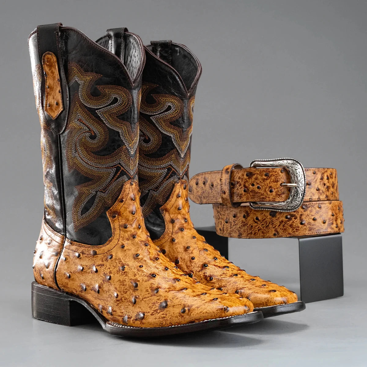 Joe Boots Men”s Ostrich Square Toe Cowboy Boots and Belt Combo– Buttercup - OriginalWestern.com