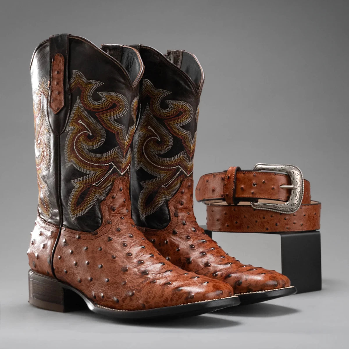 Joe Boots Men”s Ostrich Square Toe Cowboy Boots and Belt Combo– Cognac - OriginalWestern.com