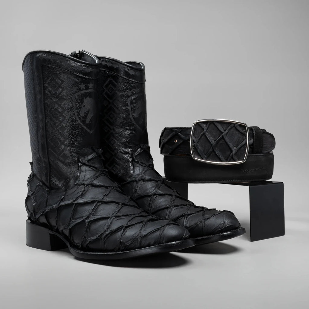 Joe Boots Men”s Pirarucu Monster Fish Round Toe Zipper Cowboy Boots and Belt Combo - OriginalWestern.com