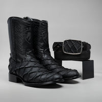 Joe Boots Men”s Pirarucu Monster Fish Round Toe Zipper Cowboy Boots and Belt Combo - OriginalWestern.com