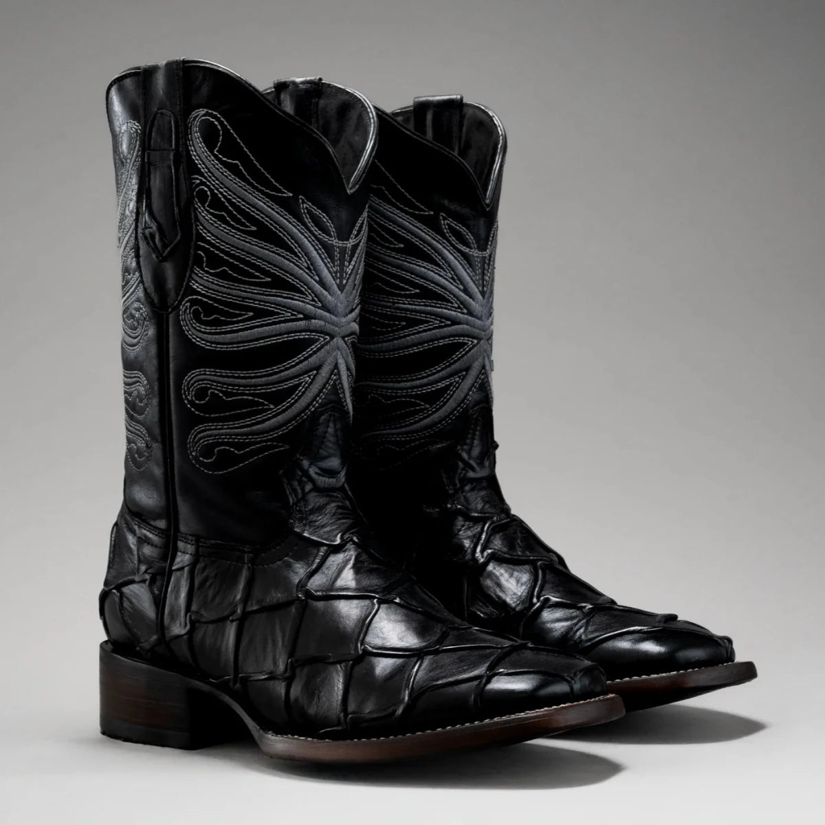 Joe Boots Men”s Pirarucu Monster Fish Square Toe Cowboy Boots–Black - OriginalWestern.com