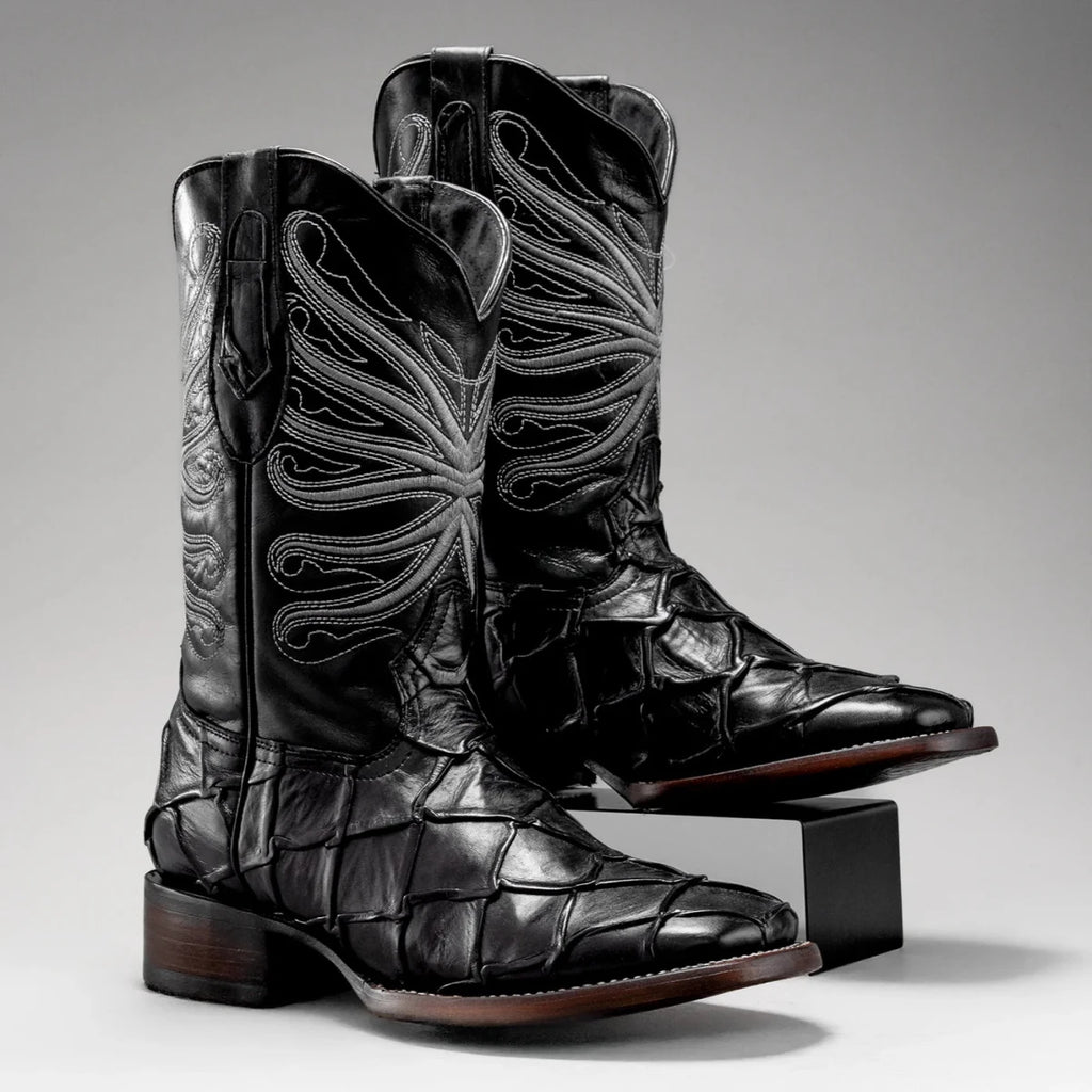 Joe Boots Men”s Pirarucu Monster Fish Square Toe Cowboy Boots–Black - OriginalWestern.com
