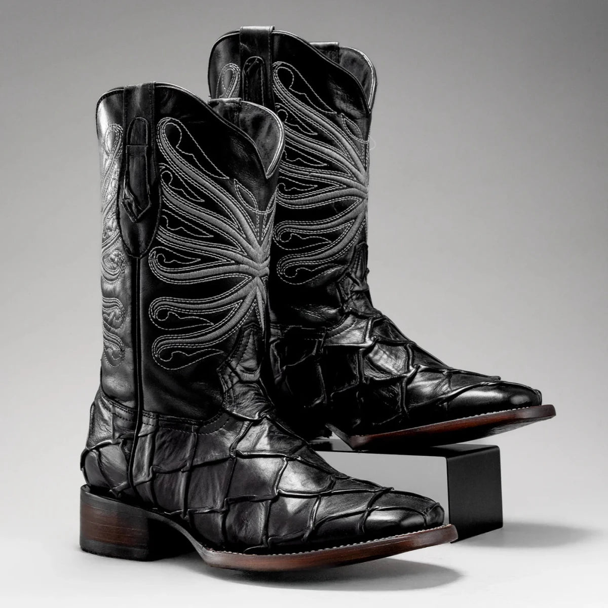 Joe Boots Men”s Pirarucu Monster Fish Square Toe Cowboy Boots–Black - OriginalWestern.com