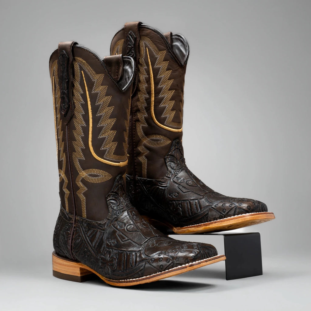 Joe Boots Men's The Gambler Hand Tooled Leather Square Toe Cowboy Boots – Brown - OriginalWestern.com