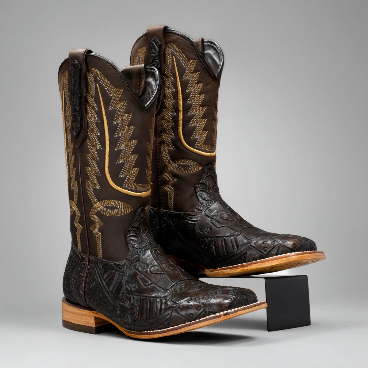 Joe Boots Men's The Gambler Hand Tooled Leather Square Toe Cowboy Boots – Brown - OriginalWestern.com