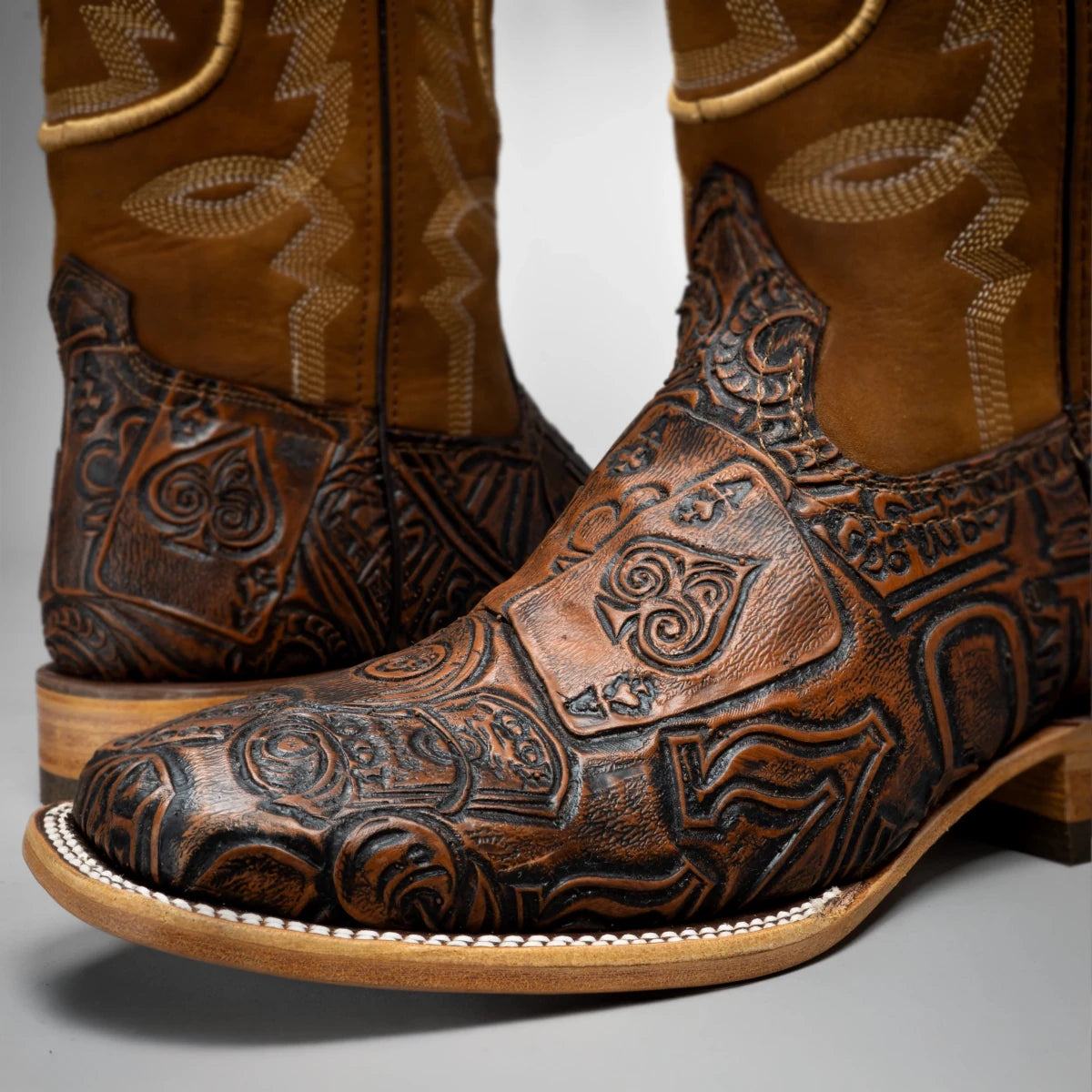 Joe Boots Men's The Gambler Handtooled Leather Square Toe Cowboy Boots – Tan - OriginalWestern.com