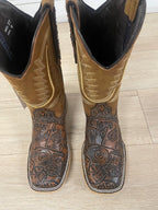 Joe Boots Men's The Gambler Handtooled Leather Square Toe Cowboy Boots – Tan - OriginalWestern.com