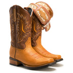 Joe Boots Men”s VE030 Leather Square Toe Cowboy Boots and Belt Combo–Tan - OriginalWestern.com