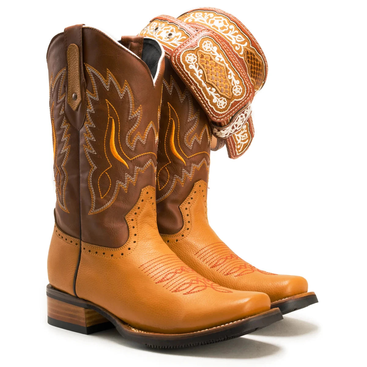 Joe Boots Men”s VE030 Leather Square Toe Cowboy Boots and Belt Combo–Tan - OriginalWestern.com