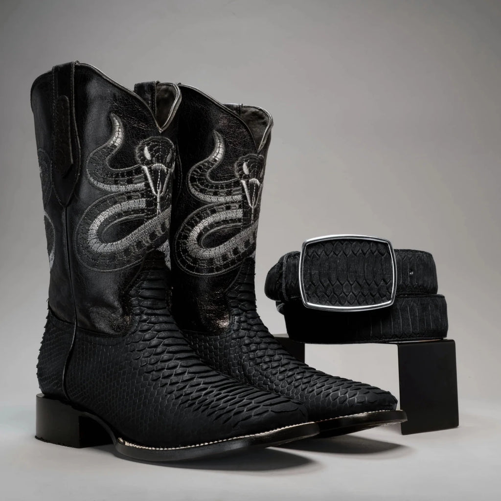 Joe Boots Men”s VIPER Python Square Toe Cowboy Boots and Belt Combo–Black - OriginalWestern.com