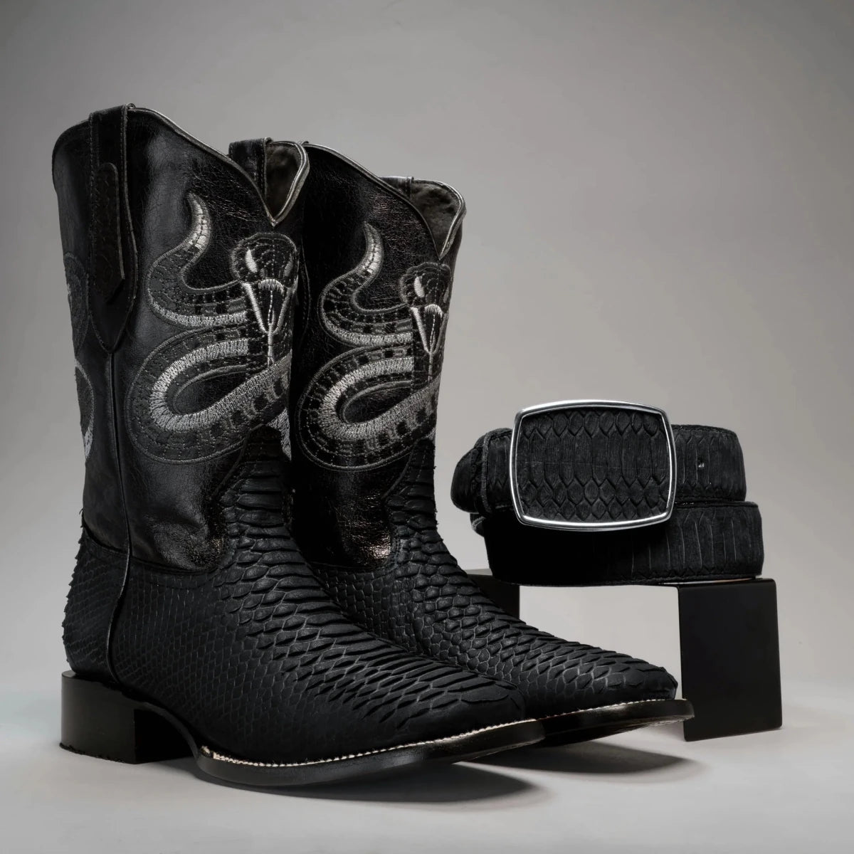 Joe Boots Men”s VIPER Python Square Toe Cowboy Boots and Belt Combo–Black - OriginalWestern.com