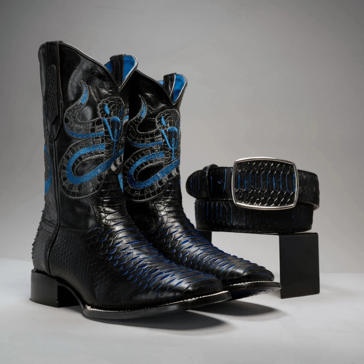 Joe Boots Men”s VIPER Python Square Toe Cowboy Boots and Belt Combo–Midnight - OriginalWestern.com