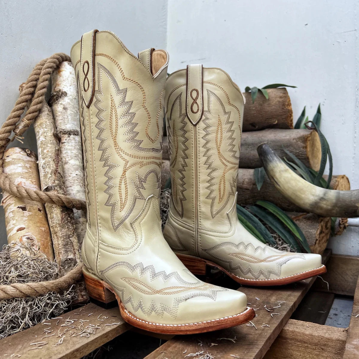 Joe Boots Women”s Amelia Snip Square Toe Cowboy Boots - Bone - OriginalWestern.com