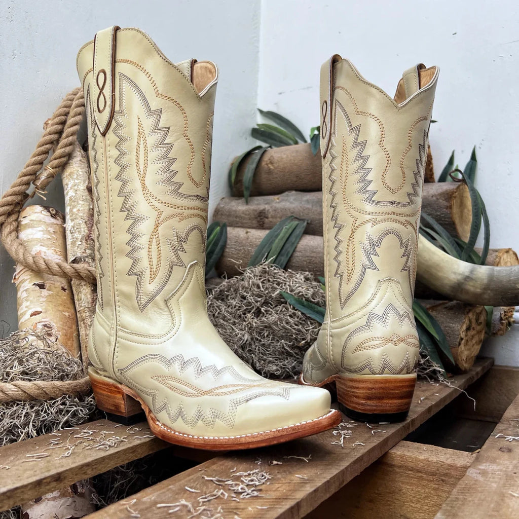 Joe Boots Women”s Amelia Snip Square Toe Cowboy Boots - Bone - OriginalWestern.com