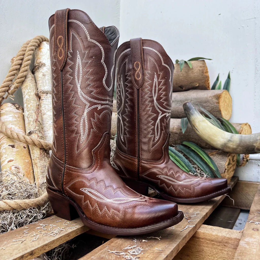 Joe Boots Women”s Amelia Snip Square Toe Cowboy Boots - Brown - OriginalWestern.com