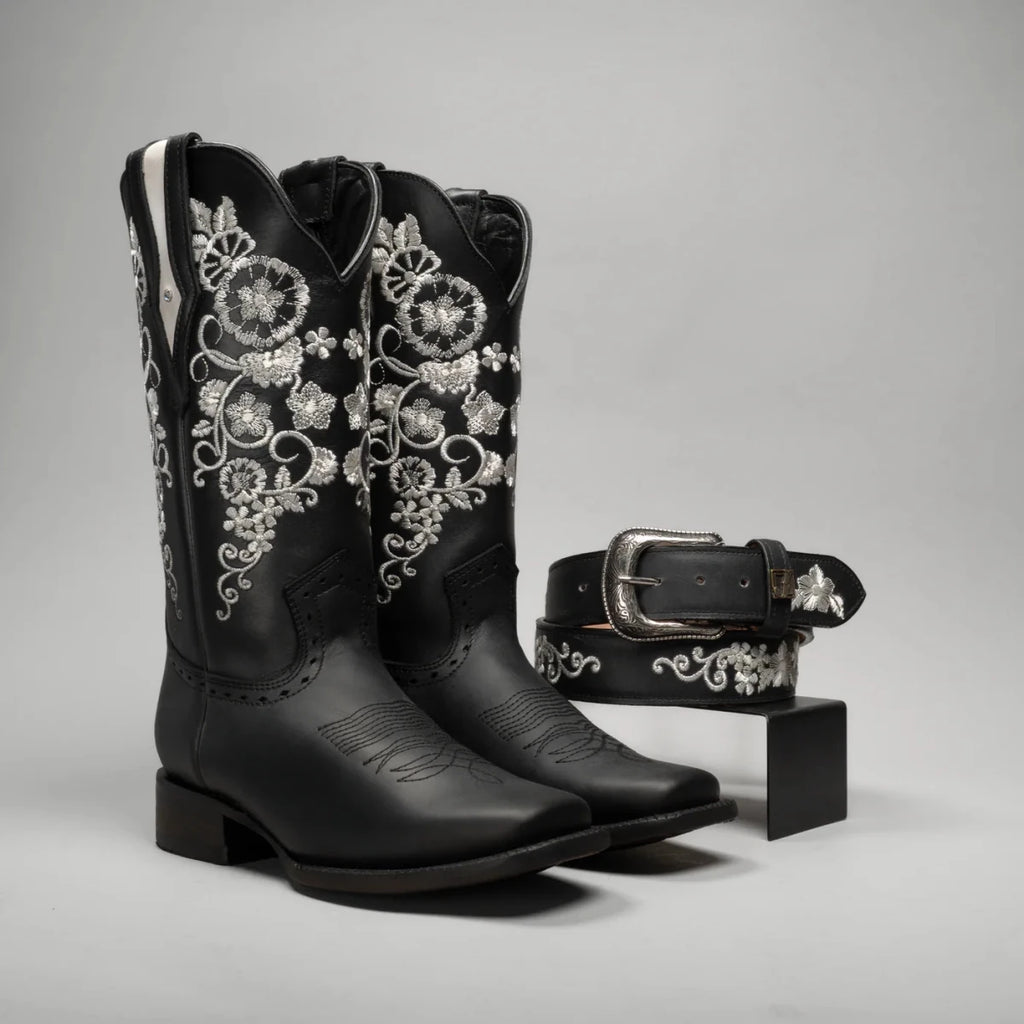 Joe Boots Women”s Embroidered Square Toe Cowboy Boots and Belt Combo - Black - OriginalWestern.com