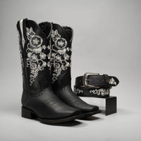 Joe Boots Women”s Embroidered Square Toe Cowboy Boots and Belt Combo - Black - OriginalWestern.com