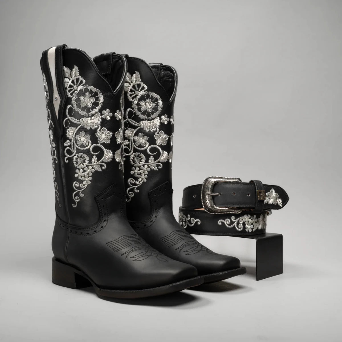 Joe Boots Women”s Embroidered Square Toe Cowboy Boots and Belt Combo - Black - OriginalWestern.com