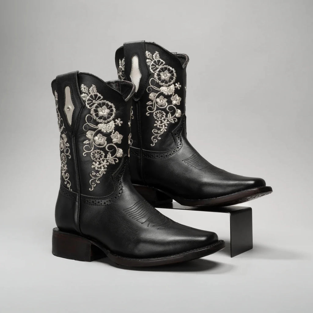 Joe Boots Women”s Embroidered Square Toe Cowboy Boots and Belt Combo - Black - OriginalWestern.com