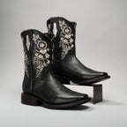 Joe Boots Women”s Embroidered Square Toe Cowboy Boots and Belt Combo - Black - OriginalWestern.com