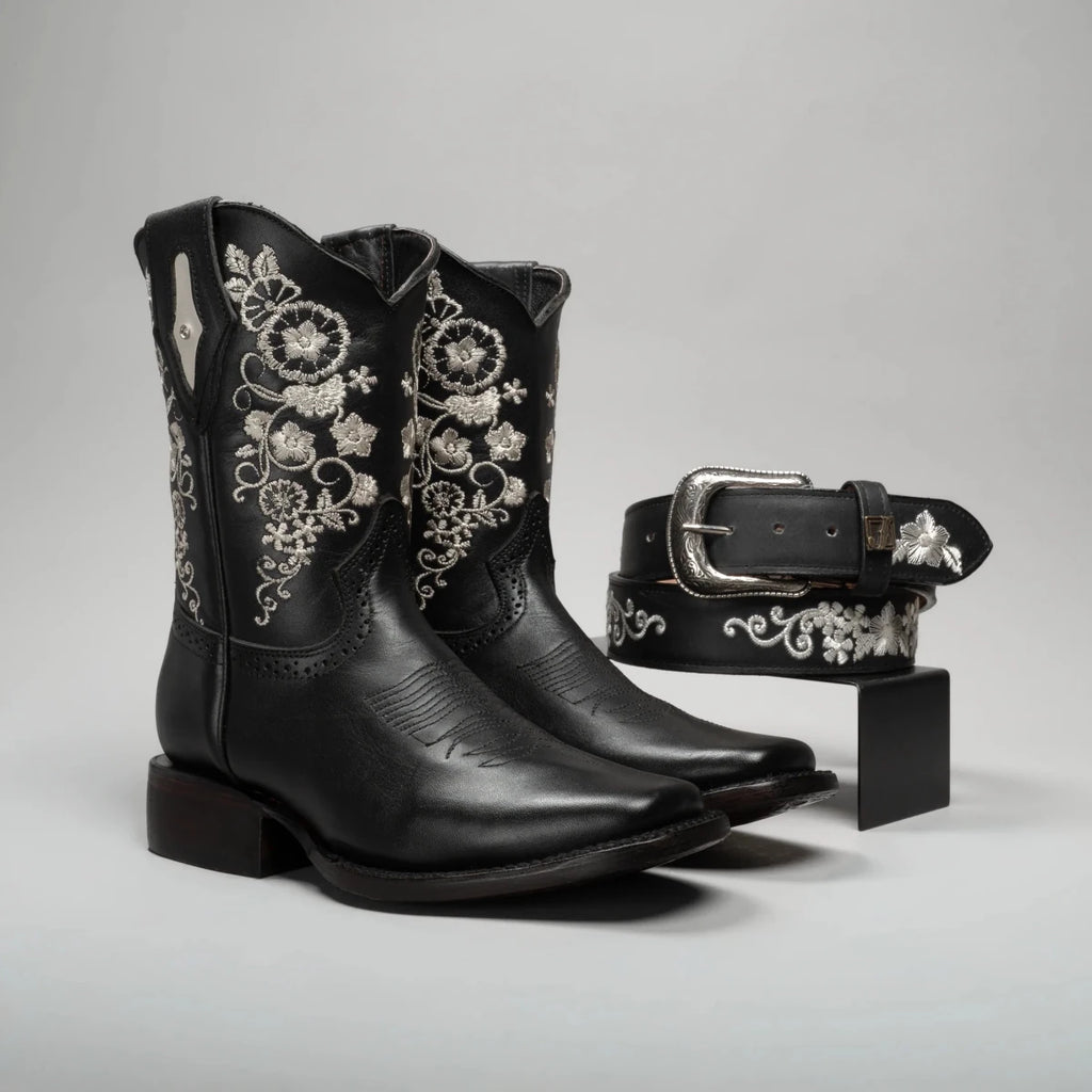 Joe Boots Women”s Embroidered Square Toe Cowboy Boots and Belt Combo - Black - OriginalWestern.com