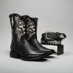 Joe Boots Women”s Embroidered Square Toe Cowboy Boots and Belt Combo - Black - OriginalWestern.com