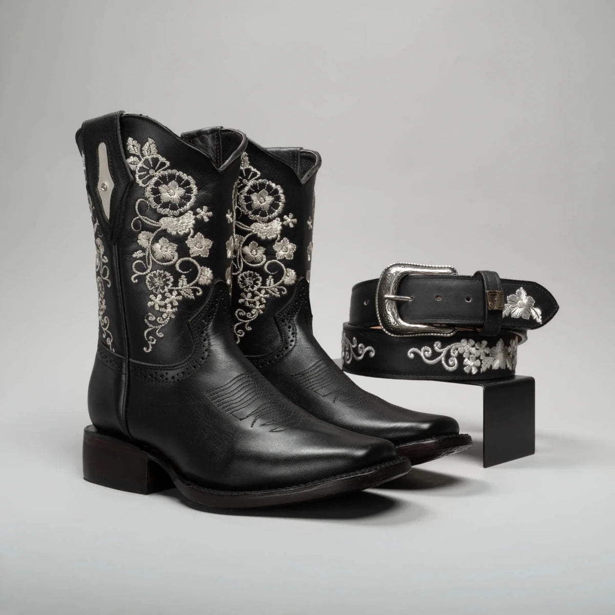 Joe Boots Women”s Embroidered Square Toe Cowboy Boots and Belt Combo - Black - OriginalWestern.com