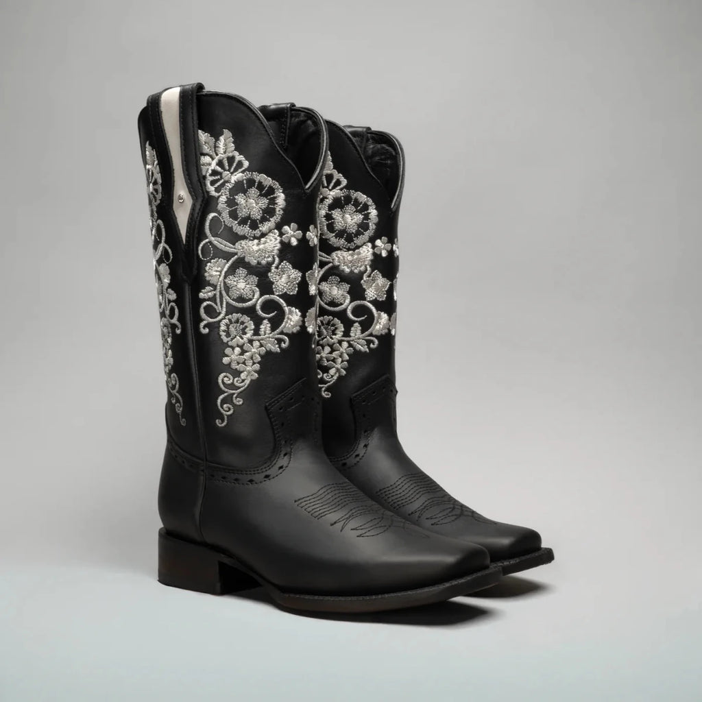 Joe Boots Women”s Embroidered Square Toe Cowboy Boots and Belt Combo - Black - OriginalWestern.com