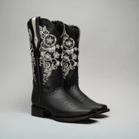 Joe Boots Women”s Embroidered Square Toe Cowboy Boots and Belt Combo - Black - OriginalWestern.com