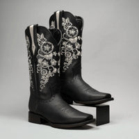 Joe Boots Women”s Embroidered Square Toe Cowboy Boots and Belt Combo - Black - OriginalWestern.com
