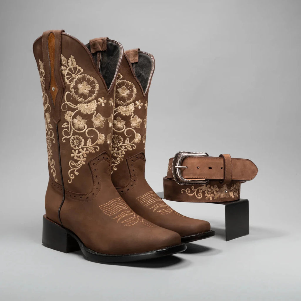 Joe Boots Women”s Embroidered Square Toe Cowboy Boots and Belt Combo - Sand - OriginalWestern.com