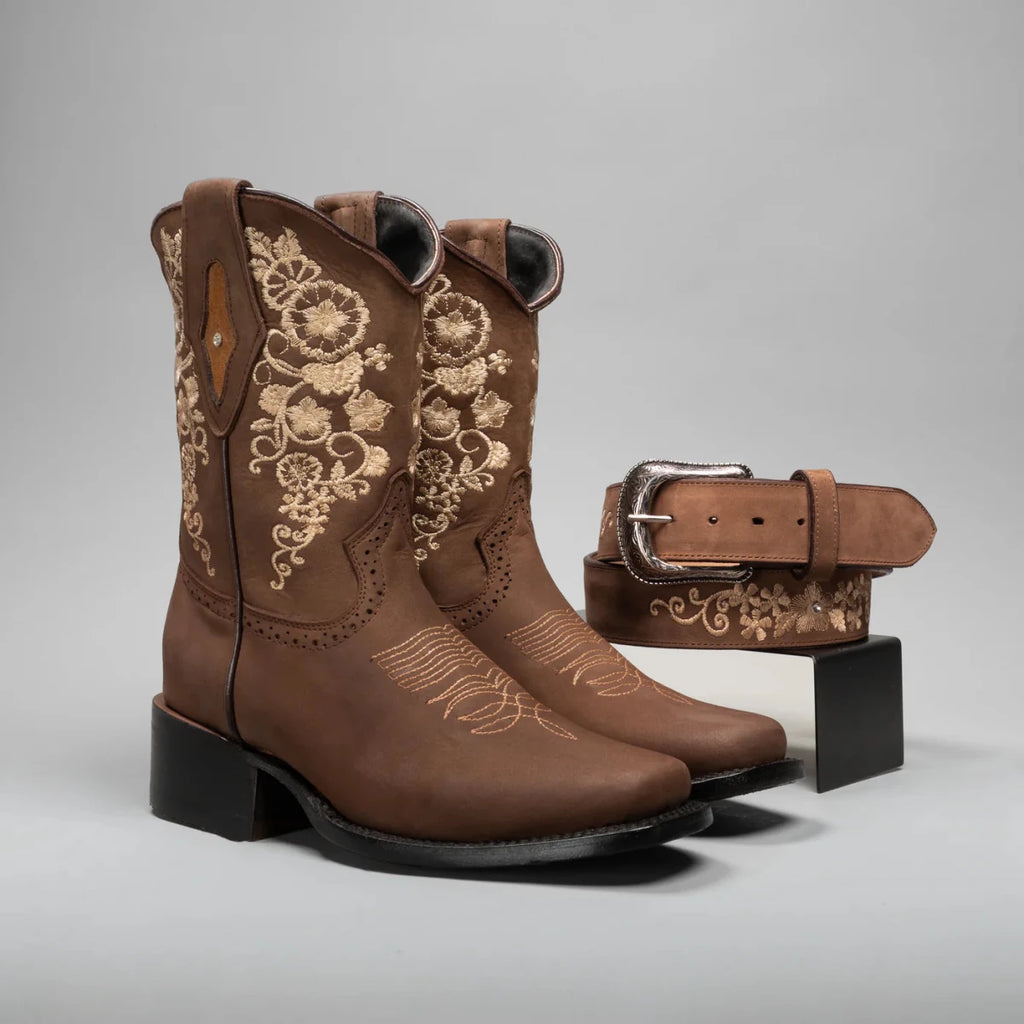 Joe Boots Women”s Embroidered Square Toe Cowboy Boots and Belt Combo - Sand - OriginalWestern.com