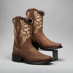 Joe Boots Women”s Embroidered Square Toe Cowboy Boots and Belt Combo - Sand - OriginalWestern.com