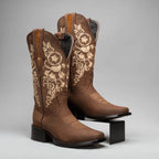 Joe Boots Women”s Embroidered Square Toe Cowboy Boots and Belt Combo - Sand - OriginalWestern.com