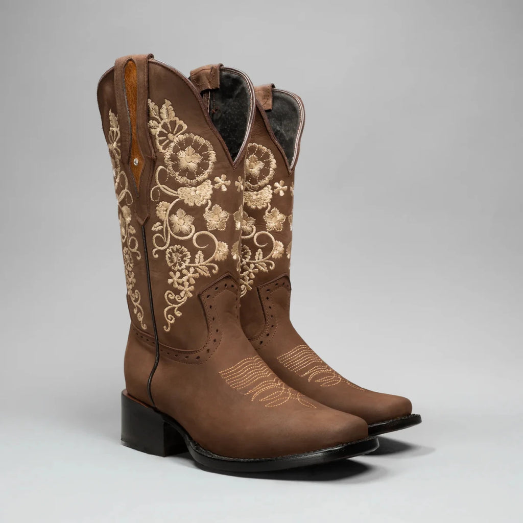 Joe Boots Women”s Embroidered Square Toe Cowboy Boots and Belt Combo - Sand - OriginalWestern.com