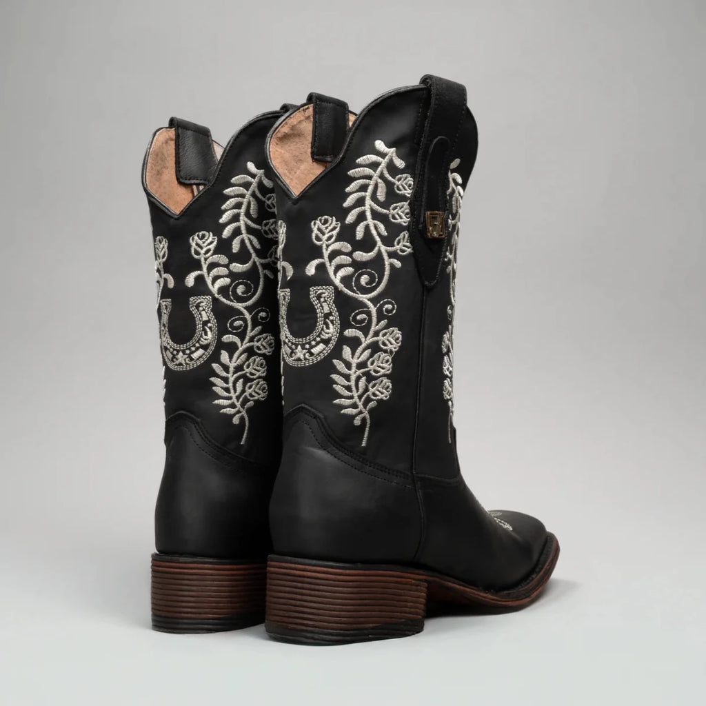 Joe Boots Women”s Embroidered Square Toe Cowboy Boots - Black - OriginalWestern.com