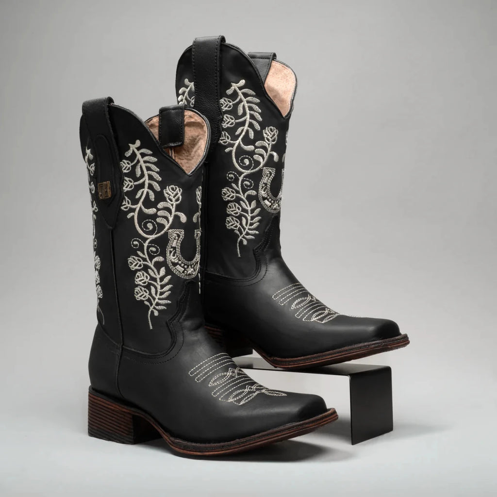 Joe Boots Women”s Embroidered Square Toe Cowboy Boots - Black - OriginalWestern.com