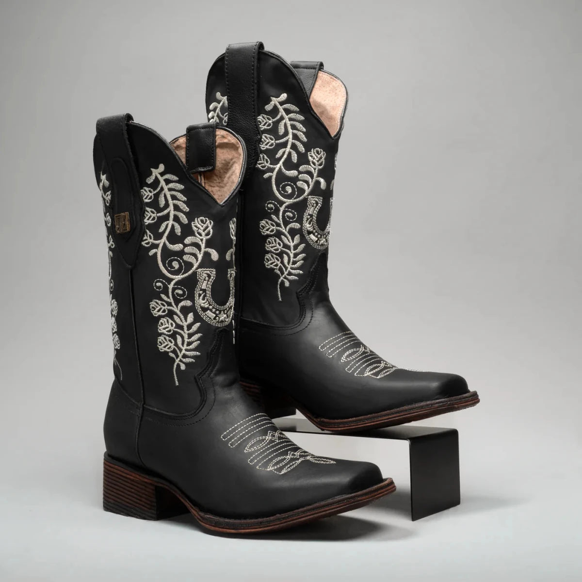 Joe Boots Women”s Embroidered Square Toe Cowboy Boots - Black - OriginalWestern.com