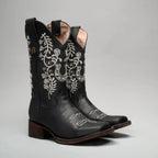 Joe Boots Women”s Embroidered Square Toe Cowboy Boots - Black - OriginalWestern.com