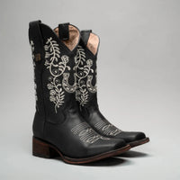 Joe Boots Women”s Embroidered Square Toe Cowboy Boots - Black - OriginalWestern.com