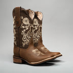 Joe Boots Women”s Embroidered Square Toe Cowboy Boots - Brown - OriginalWestern.com