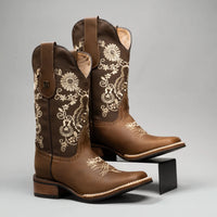 Joe Boots Women”s Embroidered Square Toe Cowboy Boots - Brown - OriginalWestern.com