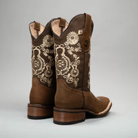 Joe Boots Women”s Embroidered Square Toe Cowboy Boots - Brown - OriginalWestern.com