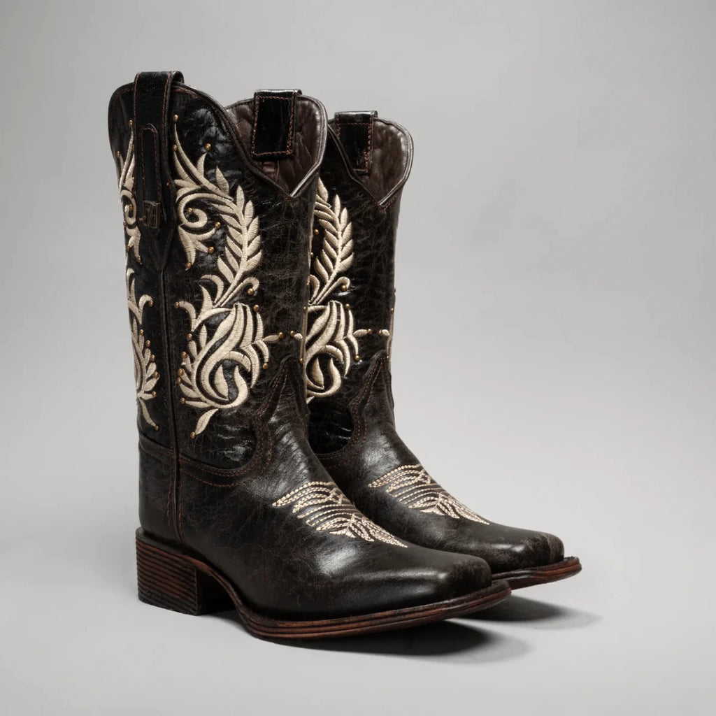 Joe Boots Women”s Embroidered Square Toe Cowboy Boots - Moka - OriginalWestern.com