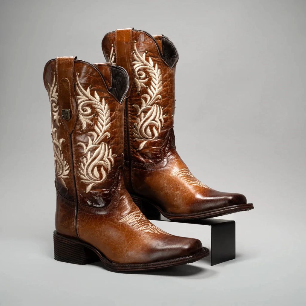 Joe Boots Women”s Embroidered Square Toe Cowboy Boots - Tan - OriginalWestern.com