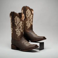 Joe Boots Women”s Embroidered Square Toe Cowboy Boots - Tobacco - OriginalWestern.com