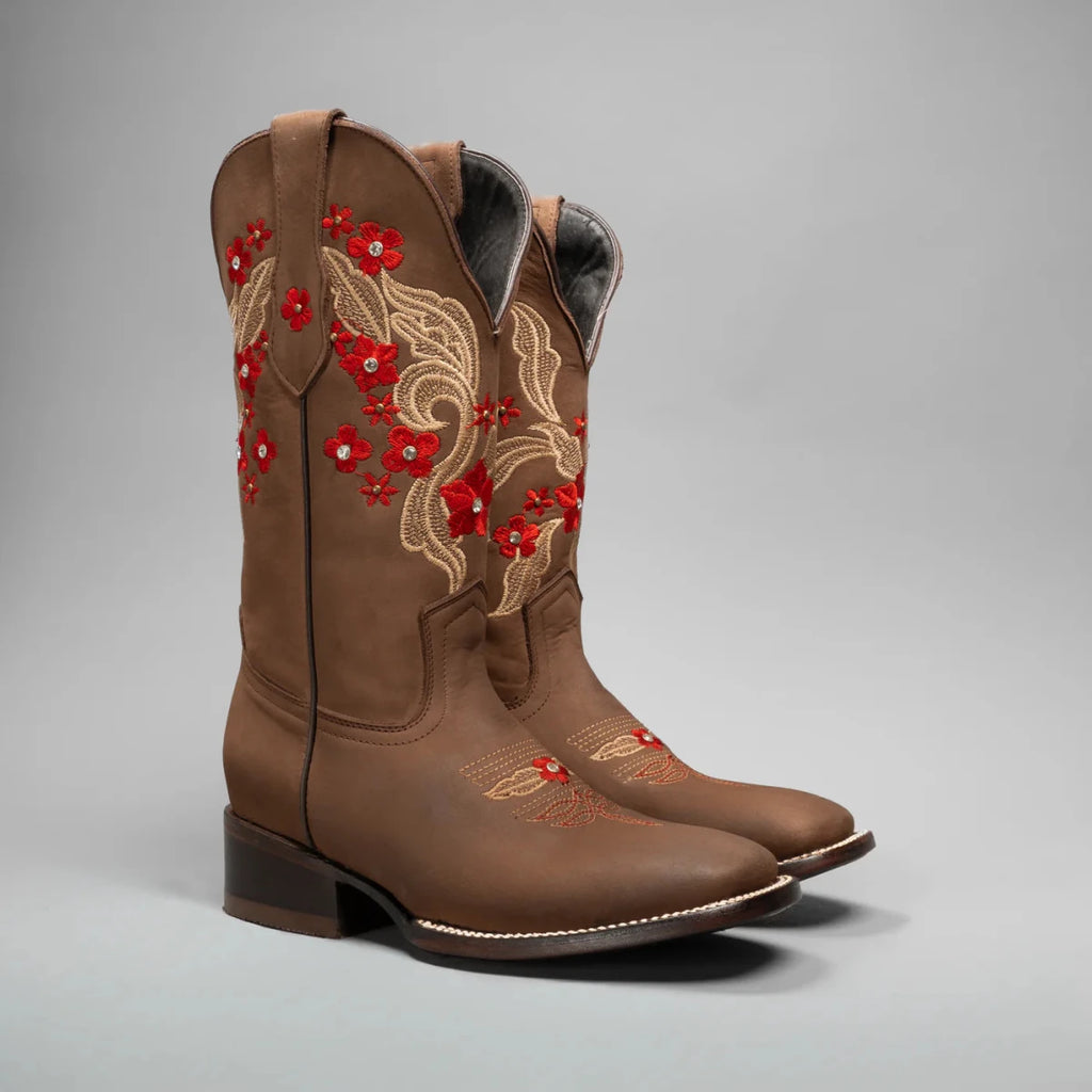 Joe Boots Women's Red Embroidered JB15 - 02 Square Toe Cowboy Boots and Belt Combo–Sand - OriginalWestern.com