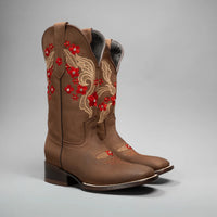 Joe Boots Women's Red Embroidered JB15 - 02 Square Toe Cowboy Boots and Belt Combo–Sand - OriginalWestern.com