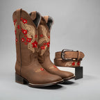 Joe Boots Women's Red Embroidered JB15 - 02 Square Toe Cowboy Boots and Belt Combo–Sand - OriginalWestern.com